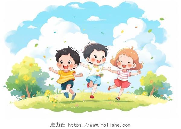 三名儿童手牵手在草地上奔跑卡通AI插画